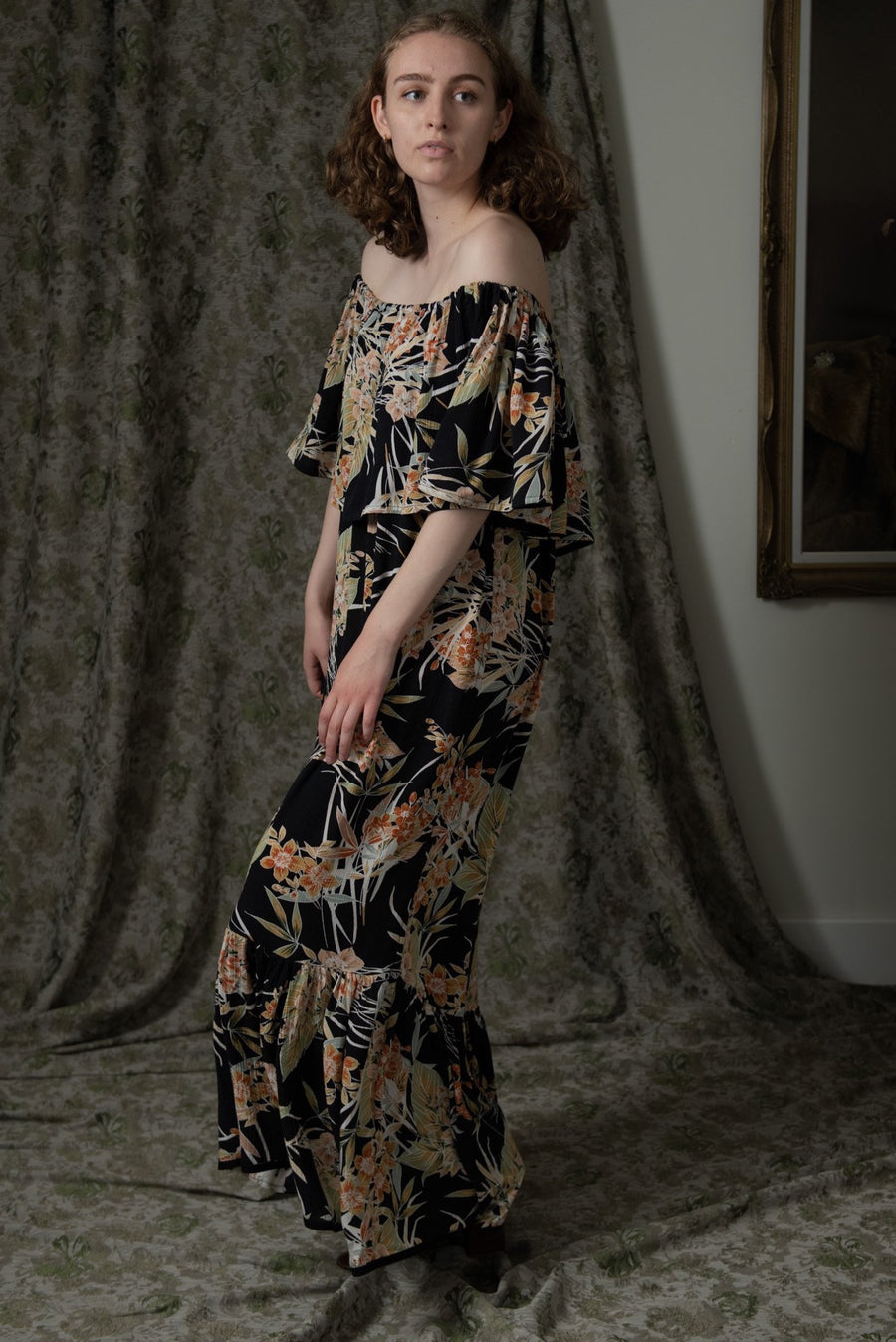 Off-Shoulder Floral Crepe Tiered Maxi Dress